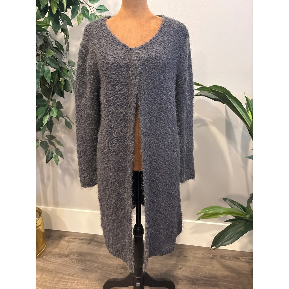 POL Long Boucle‎ Knit Cardigan Gray Open Front Cozy Women
